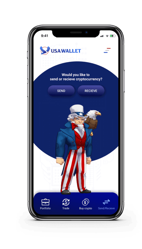 USA Wallet — Send / Receive screen with Uncle Sam